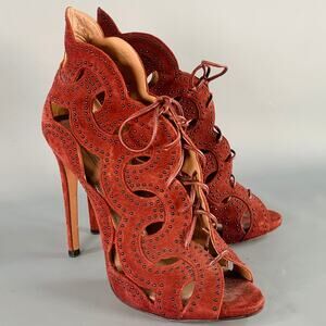 ALAIA Size 9.5 Burgundy Suede Studded Cutout Lace-Up Sandals